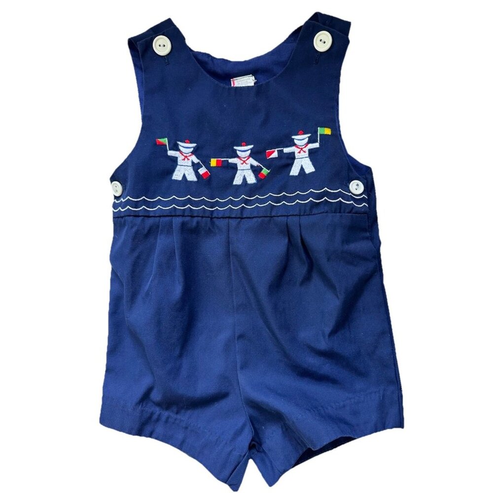 Vintage Embroidered Boys Size 3 Toddler Sailor Shortalls Navy Blue Romper Preppy